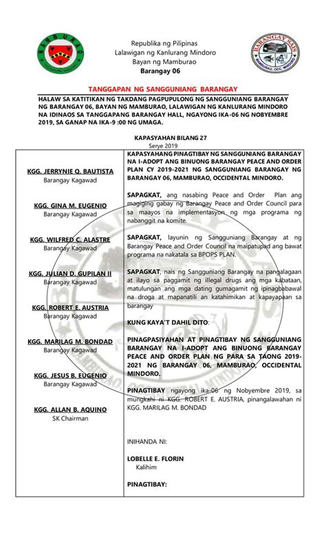 BRGY. 6 RESOLUTION NO. 27 Series of 2019 BPOPS PLAN.